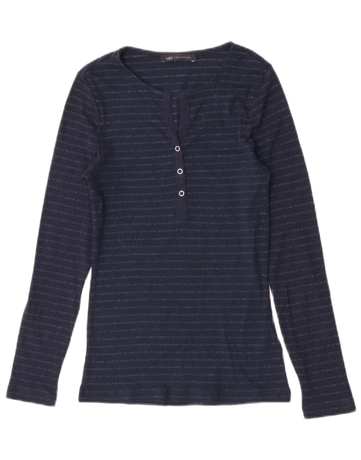 Marks & Spencer Womens Top Long Sleeve UK 8 Small Navy Blue Striped