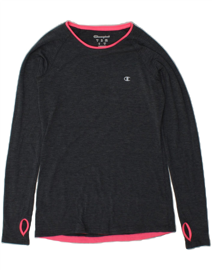 CHAMPION Womens Top Long Sleeve UK 10 Small Grey Pinstripe Polyester Vintage Champion and Second-Hand Champion from Messina Hembry 