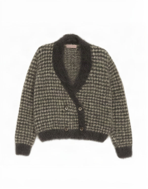 Vintage Damen Cardigan Pullover UK 12 Mittelgrauer Houndstooth Mohair