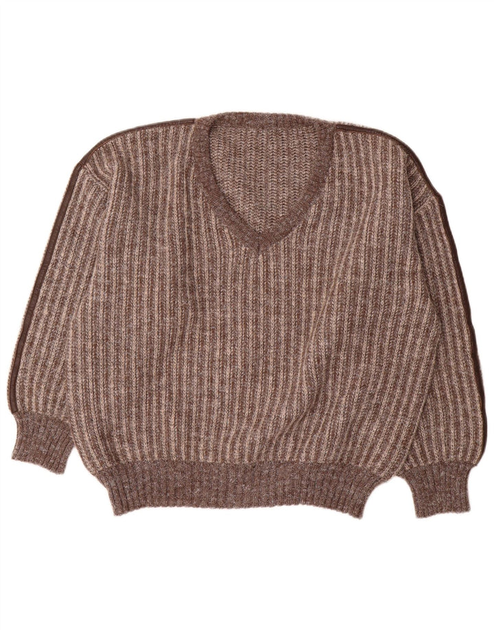 Vintage Mens V-Neck Jumper Sweater IT 50 Medium Brown Striped Wool