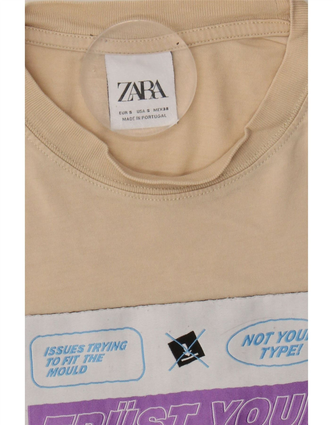 ZARA Mens Graphic T-Shirt Top Small Beige Vintage Zara and Second-Hand Zara from Messina Hembry 