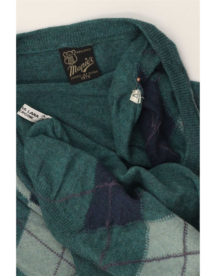 Mapier Mens V-Neck Jumper Sweater Medium Green Argyle/Diamond Wool