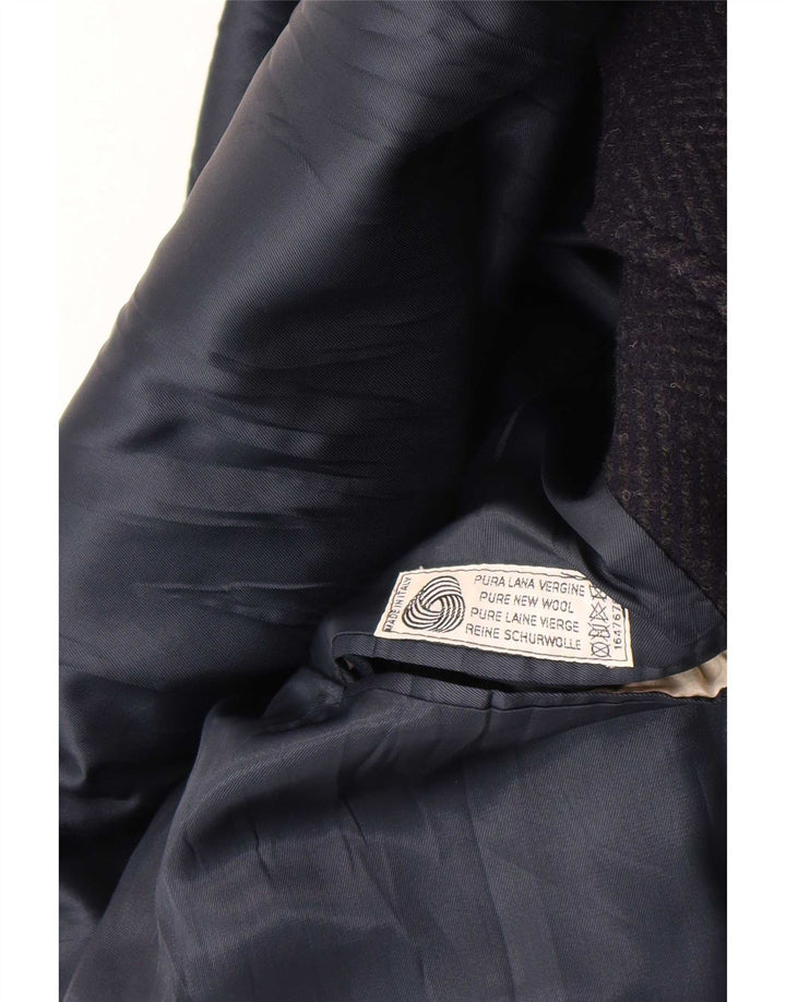 Vintage Mens Overcoat IT 52 XL Navy Blue Herringbone Virgin Wool