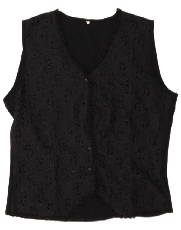 vintage Femmes Sans Manches Dentelle Chemise Blouse UK 16 Grand Noir Floral