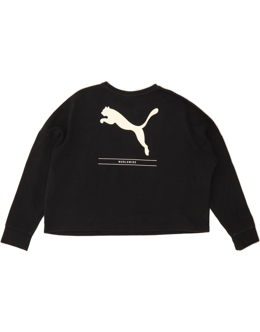 PUMA Womens Crop Oversized Graphic Sweatshirt Jumper UK 14 Medium Black Vintage Puma and Second-Hand Puma from Messina Hembry 