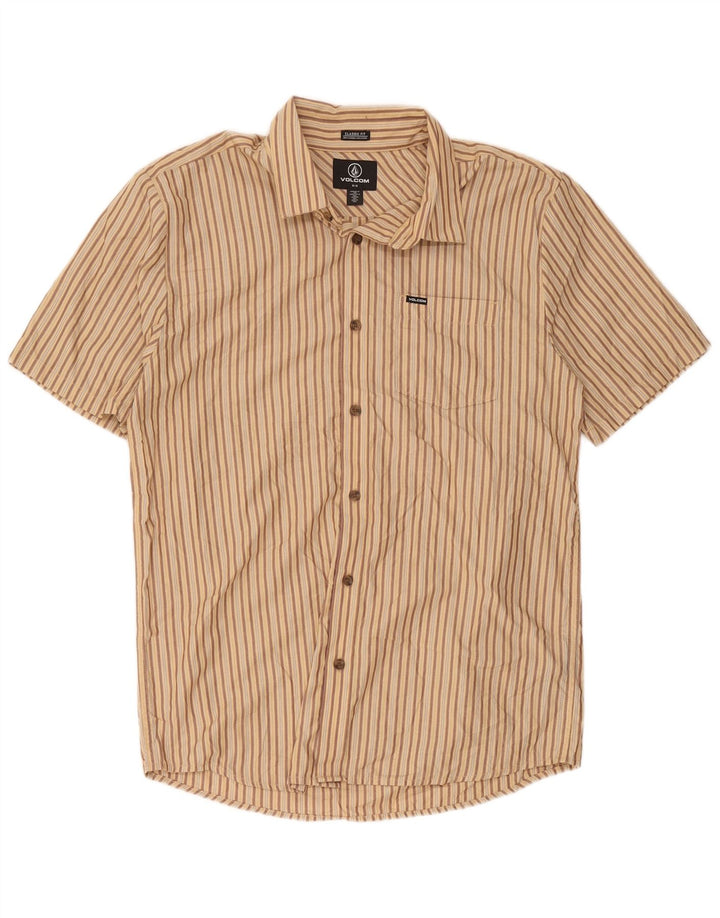 Volcom Mens Short Sleeve Classic Fit Shirt Medium Beige Striped Polyester