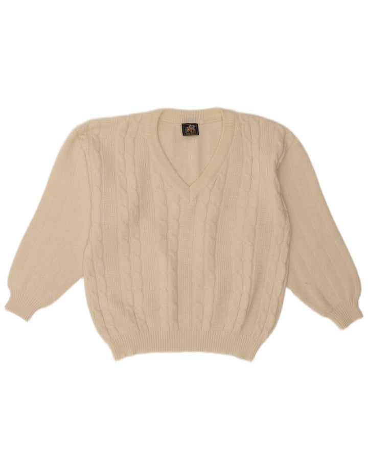 Vintage Herre Regular Fit V-hals sweater Medium Off White Klassisk