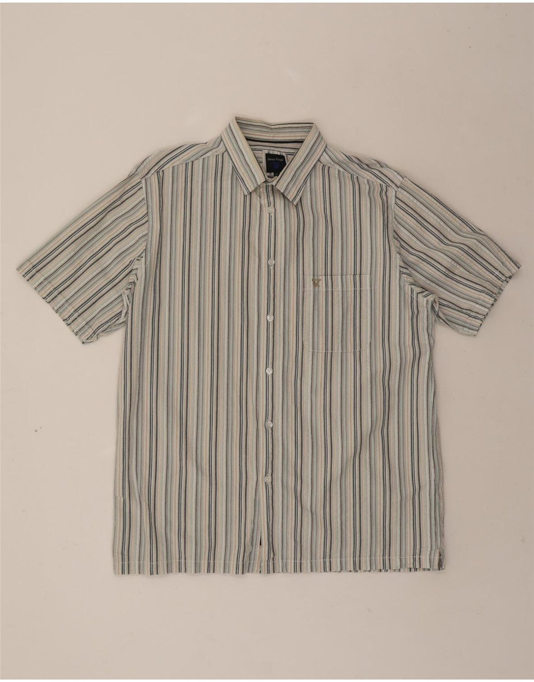 JAMES PRINGLE Mens Short Sleeve Shirt Large Grey Striped Vintage James Pringle and Second-Hand James Pringle from Messina Hembry 