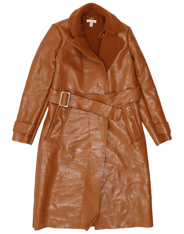 Topshop Womens Sherpa Faux Leather Overcoat UK 10 Small Brown Polyurethane