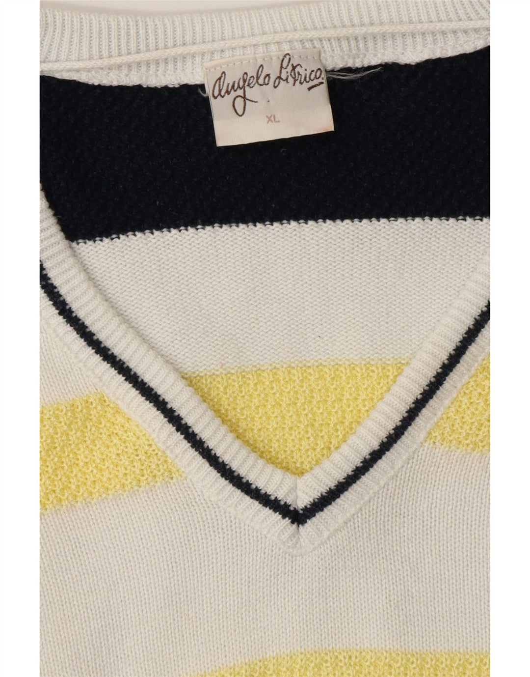 ANGELO LITRICO Mens V-Neck Jumper Sweater XL White Striped Vintage Angelo Litrico and Second-Hand Angelo Litrico from Messina Hembry 