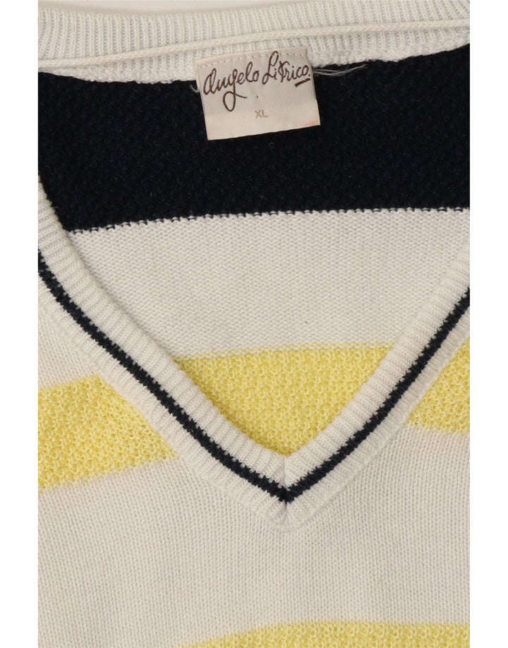ANGELO LITRICO Mens V-Neck Jumper Sweater XL White Striped Vintage Angelo Litrico and Second-Hand Angelo Litrico from Messina Hembry 