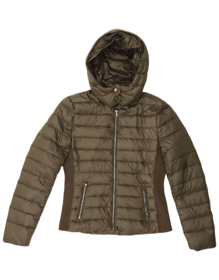 Zara Womens Hooded Padded Jacket UK 12 Medium Khaki Colourblock