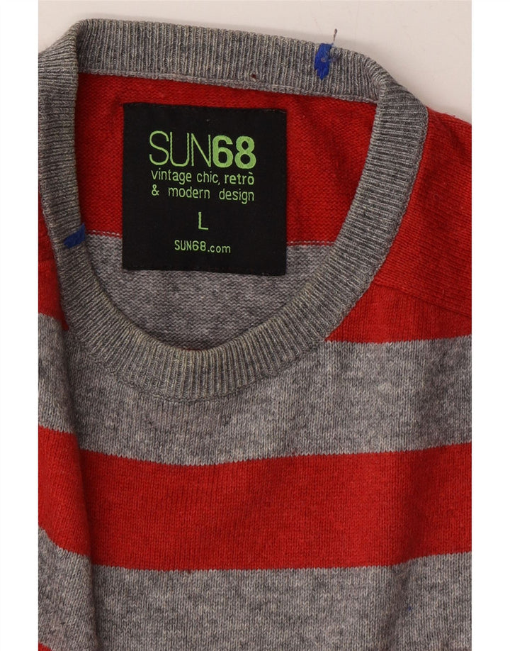 SUN68 Mens Crew Neck Jumper Sweater Large Grey Striped Cotton Vintage Sun68 and Second-Hand Sun68 from Messina Hembry 
