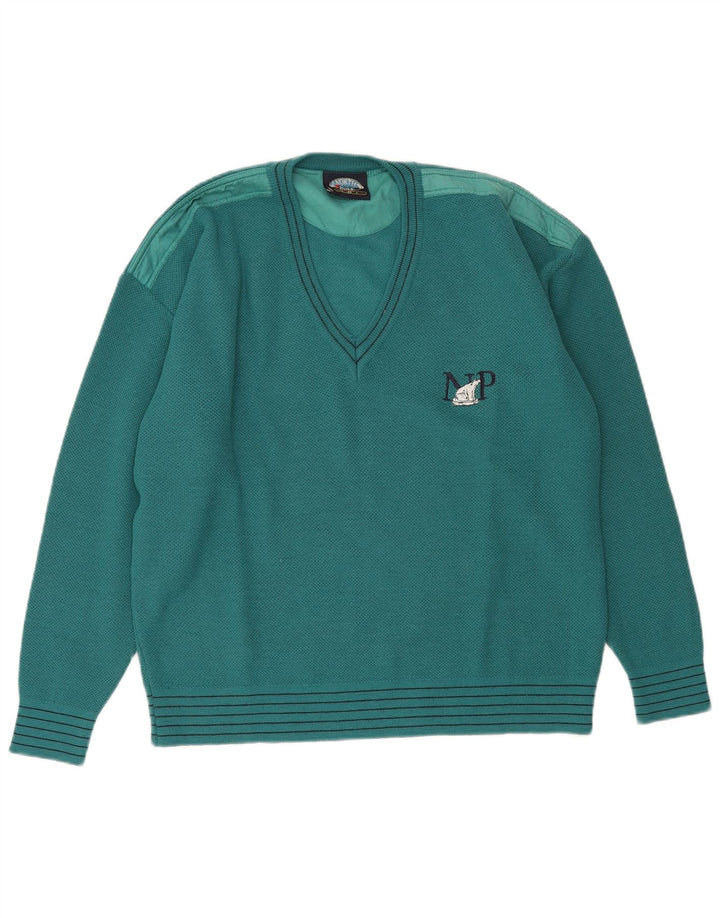 North Pole Mens V-Neck Regular Fit Jumper Sweater Medium Green Wool