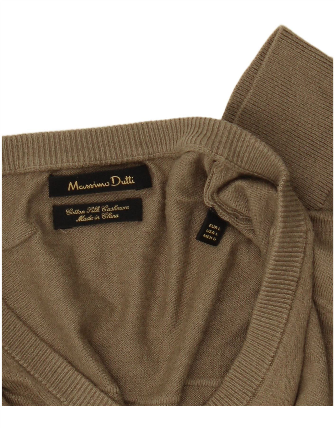 Massimo Dutti Mens V-Neck Jumper Sweater Large Khaki Cotton