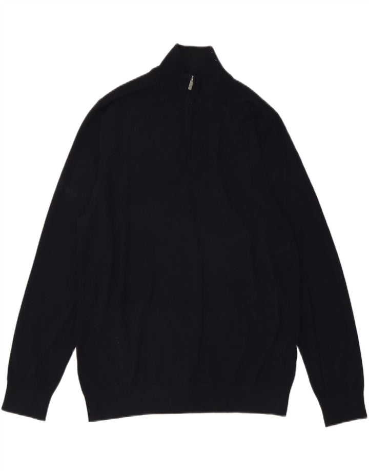Marks & Spencer Mens Zip Neck Jumper Sweater Large Navy Blue Wool