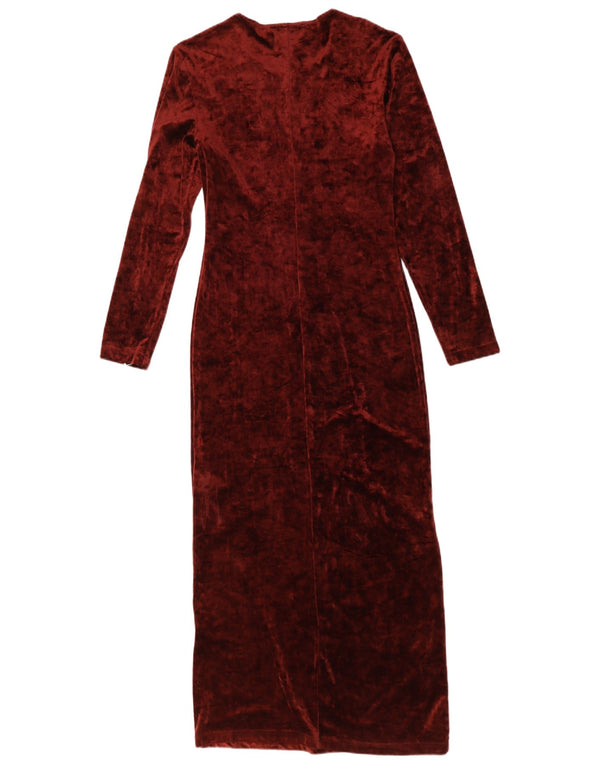 Vestido maxi feminino vintage de manga comprida em veludo UK 10 pequeno borgonha poliamida