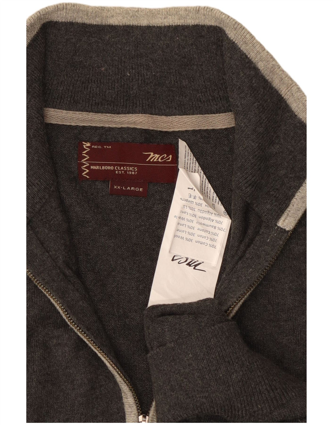 MARLBORO CLASSICS Mens Zip Neck Jumper Sweater 2XL Grey Cotton