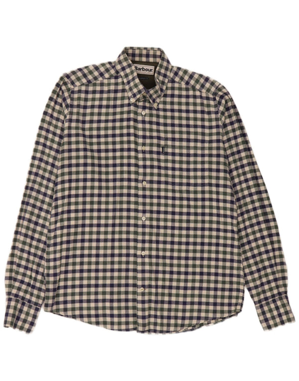 Barbour Mens Tailored Fit Flannel Shirt Medium Blue Gingham Cotton