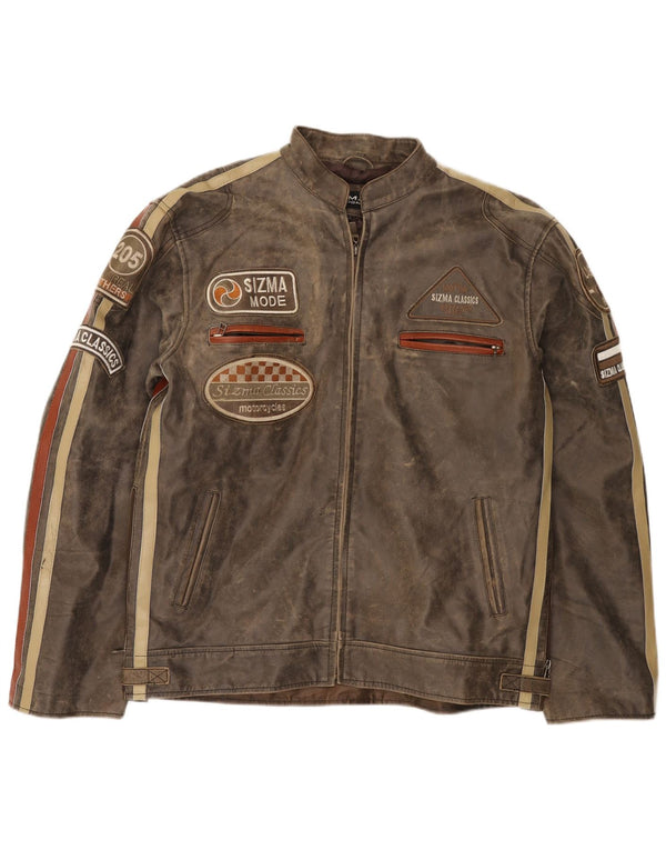 Męska skórzana kurtka racer z grafiką Sizma Mode UK 42 XL w kolorze brązowym