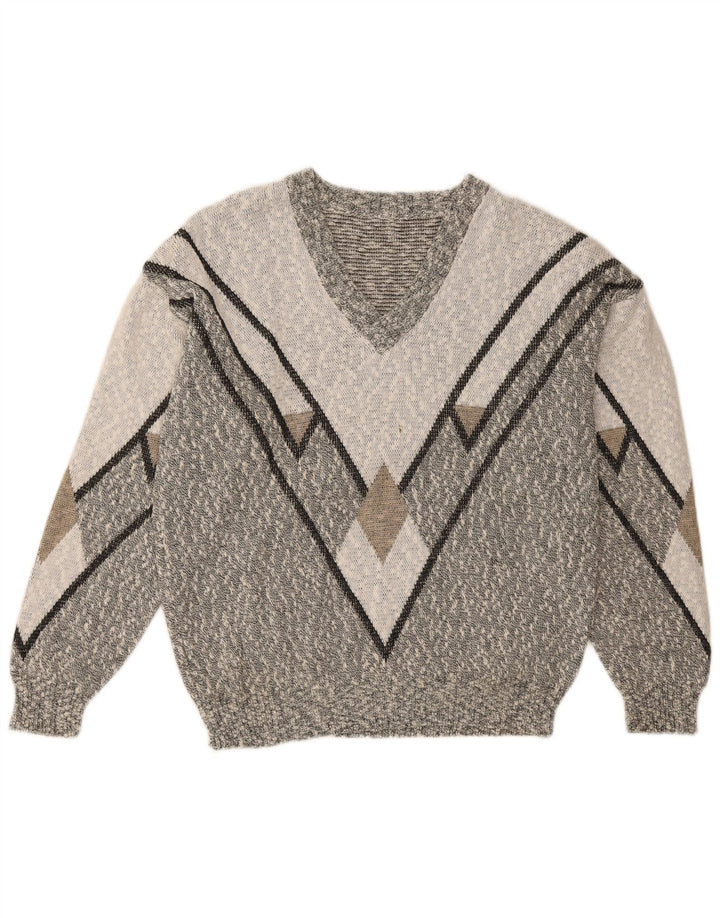 VINTAGE Mens V-Neck Jumper Sweater Large Grey Flecked
