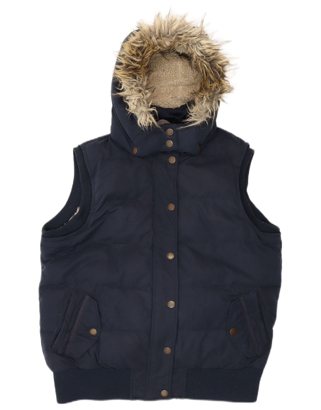 FAT FACE Womens Hooded Padded Gilet UK 12 Medium Navy Blue Polyester