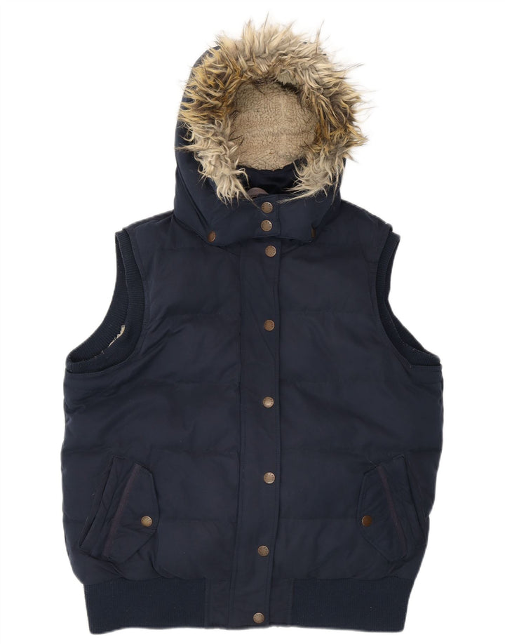 FAT FACE Womens Hooded Padded Gilet UK 12 Medium Navy Blue Polyester