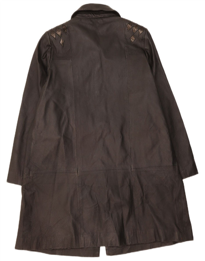 VINTAGE Womens Leather Coat UK 14 Large Black Argyle/Diamond Leather