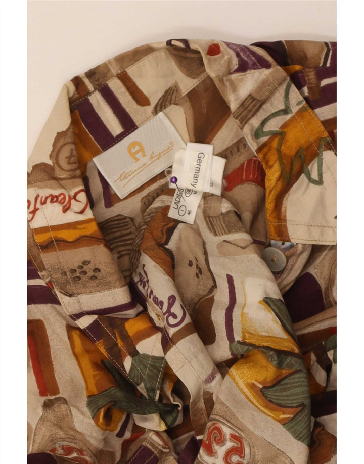 Camicetta camicia vintage da donna UK 14 grande seta patchwork multicolore