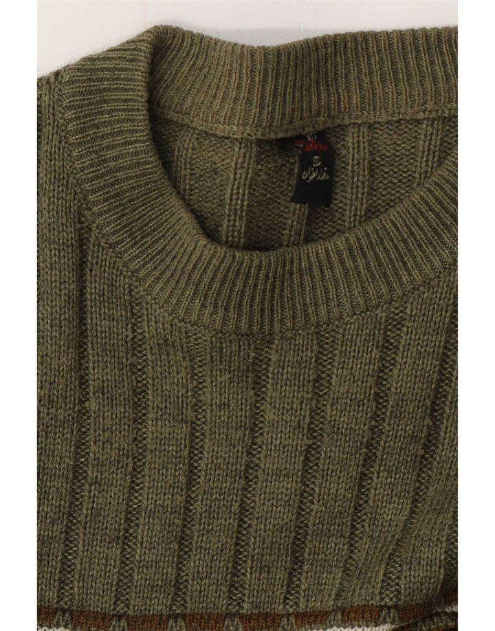 Vintage Mens Crew Neck Jumper Sweater Medium Green Fair Isle