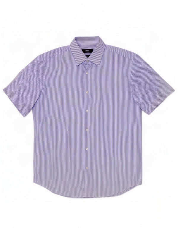 Hugo Boss Herren Kurzarmhemd Größe 39 15 1/2 Mittelblauer Nadelstreifen