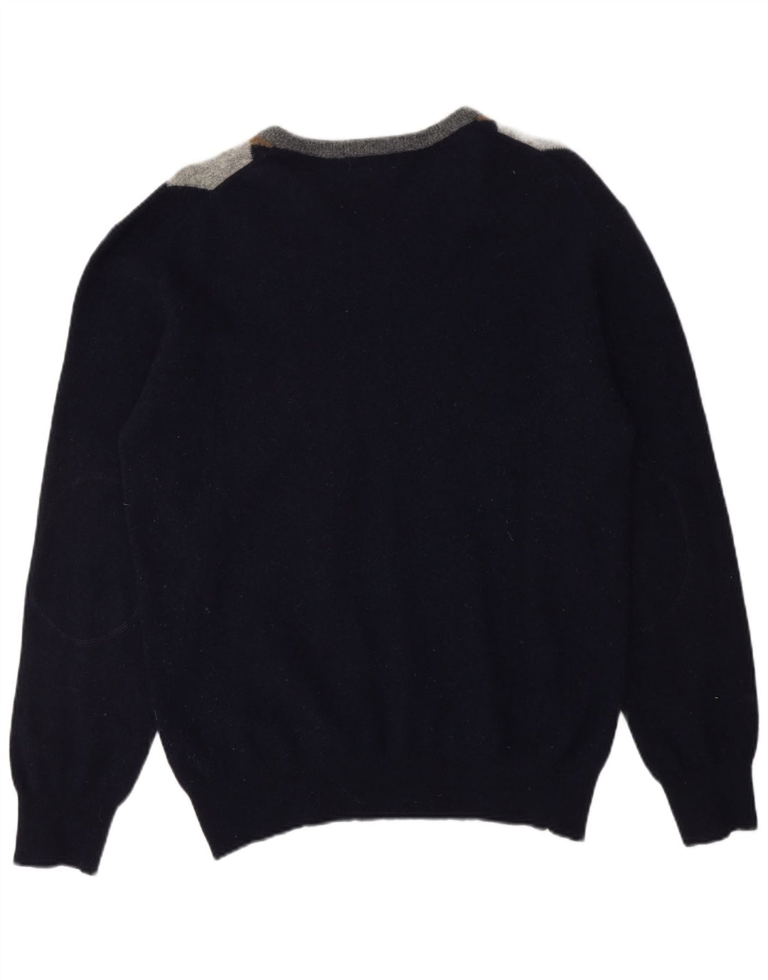 VINTAGE Mens V-Neck Jumper Sweater Small Navy Blue Argyle/Diamond