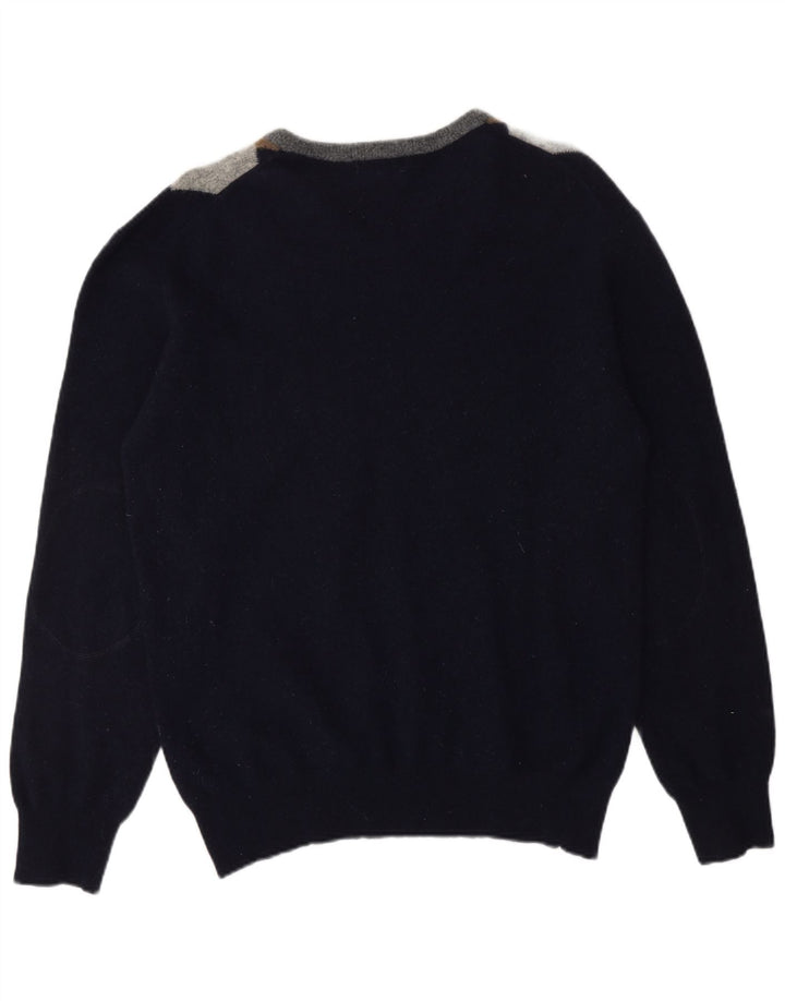 VINTAGE Mens V-Neck Jumper Sweater Small Navy Blue Argyle/Diamond