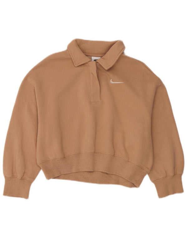 Nike Womens Oversized 3/4 Sleeve Polo Neck Sweatshirt Jumper UK 6 XS Beige