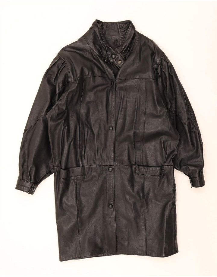 Vintage Womens Oversized Leather Coat UK 10 Small Black