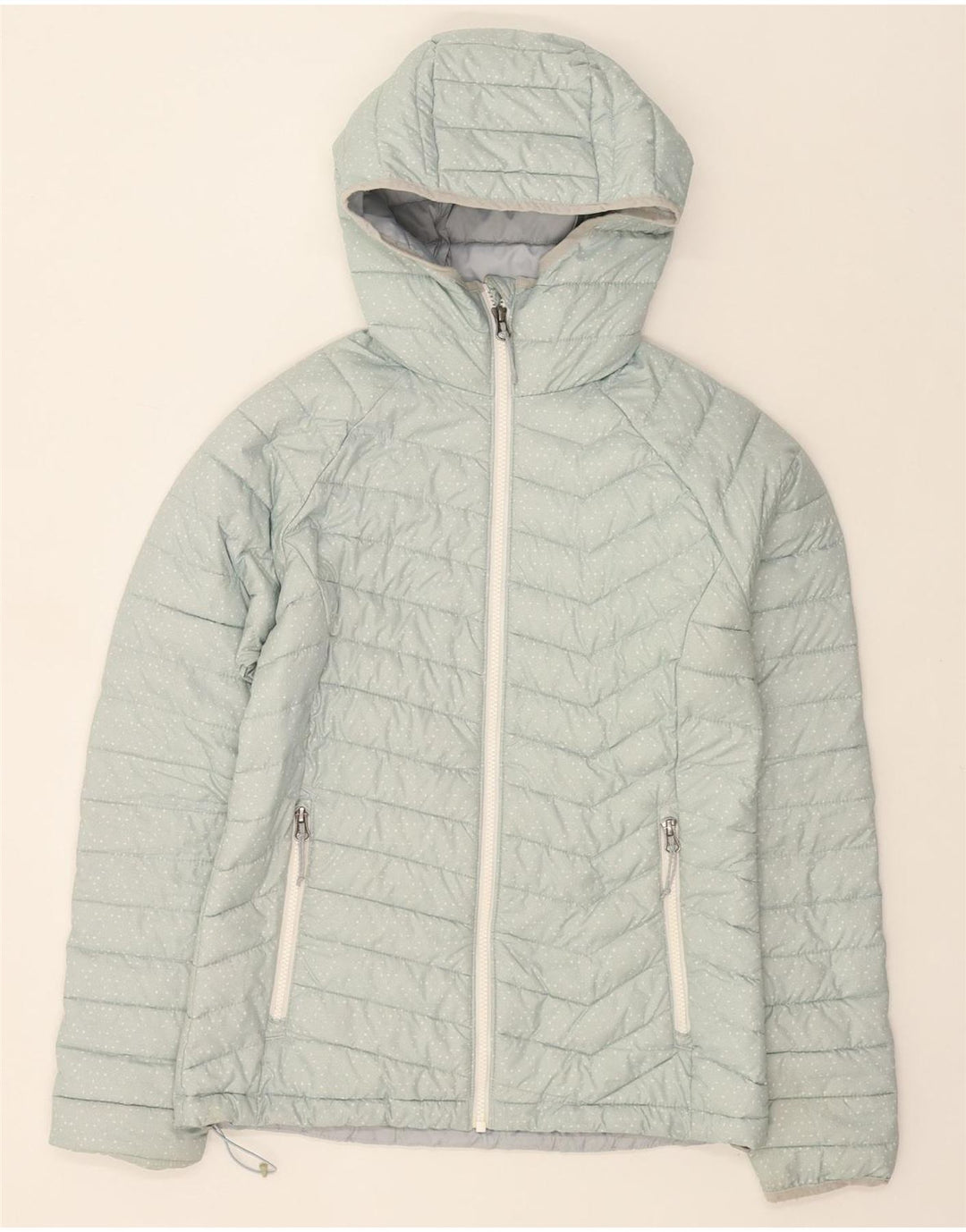 COLUMBIA Womens Hooded Padded Jacket UK 10 Small Blue Spotted Polyester Vintage Columbia and Second-Hand Columbia from Messina Hembry 