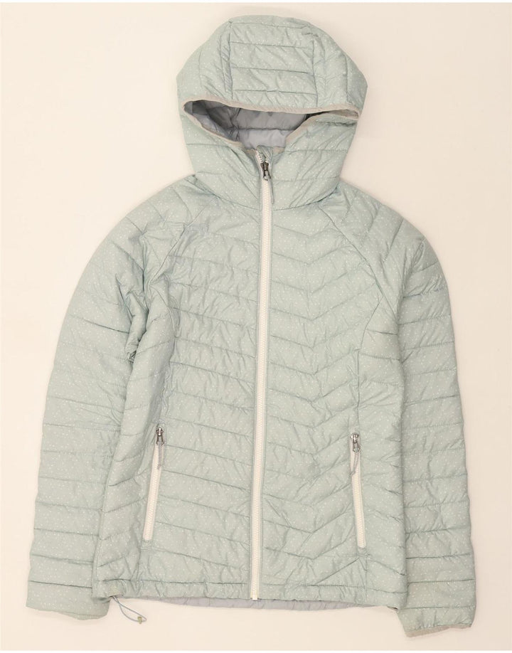 COLUMBIA Womens Hooded Padded Jacket UK 10 Small Blue Spotted Polyester Vintage Columbia and Second-Hand Columbia from Messina Hembry 