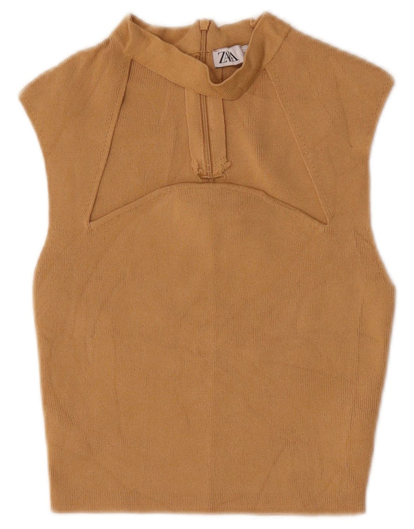 Zara Womens Crop Ærmeløs bluse Top UK 8 Small Beige Nylon