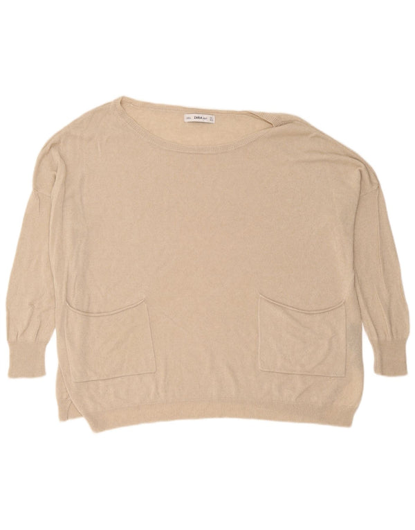 Zara Pull surdimensionné à col bateau pour femme UK 16 Large Beige Viscose