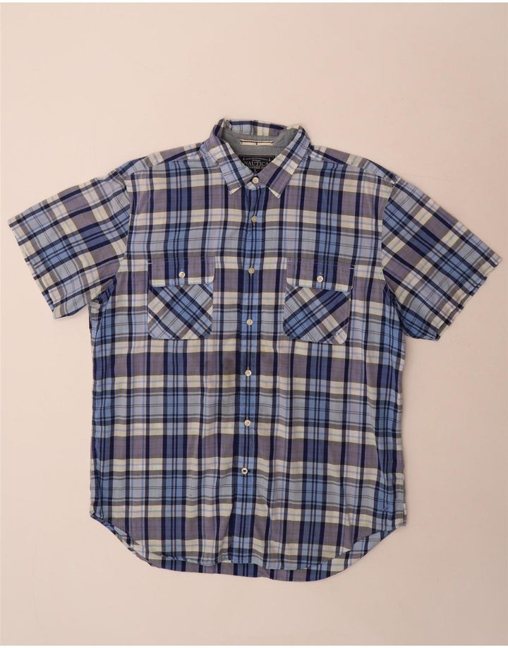 Nautica Mens Short Sleeve Shirt Large Blue Check Cotton