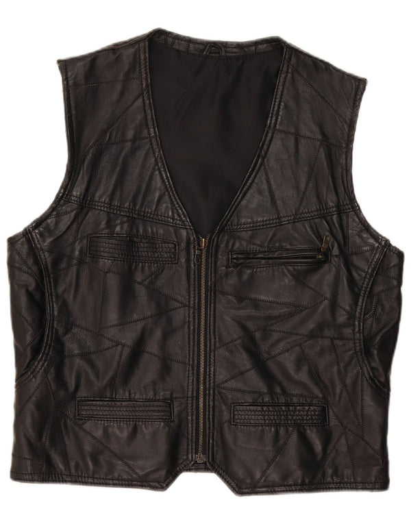 Vintage Mens Leather Waistcoat Large Black Patchwork