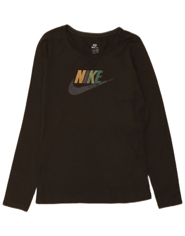 Nike Womens Graphic Top Long Sleeve UK 10/12 Medium Khaki Cotton