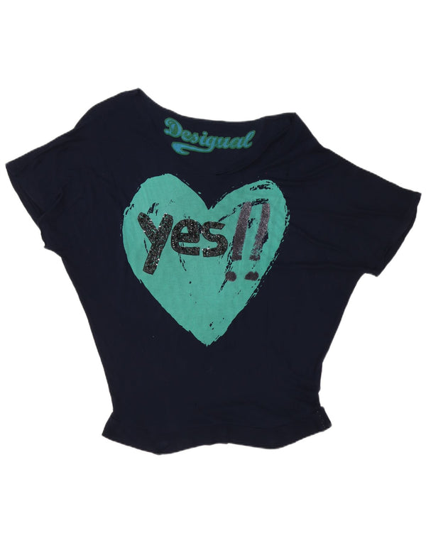 Desigual T-shirt graphique surdimensionné pour femme UK 16 Large Bleu marine