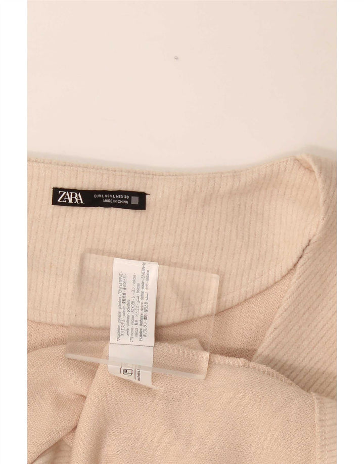 Zara Womens Long Sleeve Blouse Top UK 14 Large Beige Polyester