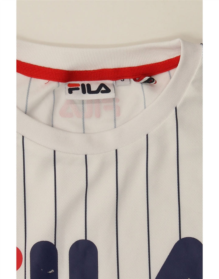 FILA Mens Graphic T-Shirt Top Small White Striped Polyester Vintage Fila and Second-Hand Fila from Messina Hembry 