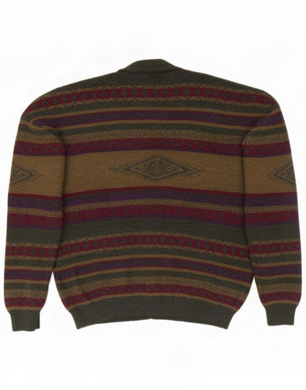 Vintage Cardigan Pull Homme 2XL Kaki Rayé Polyamide