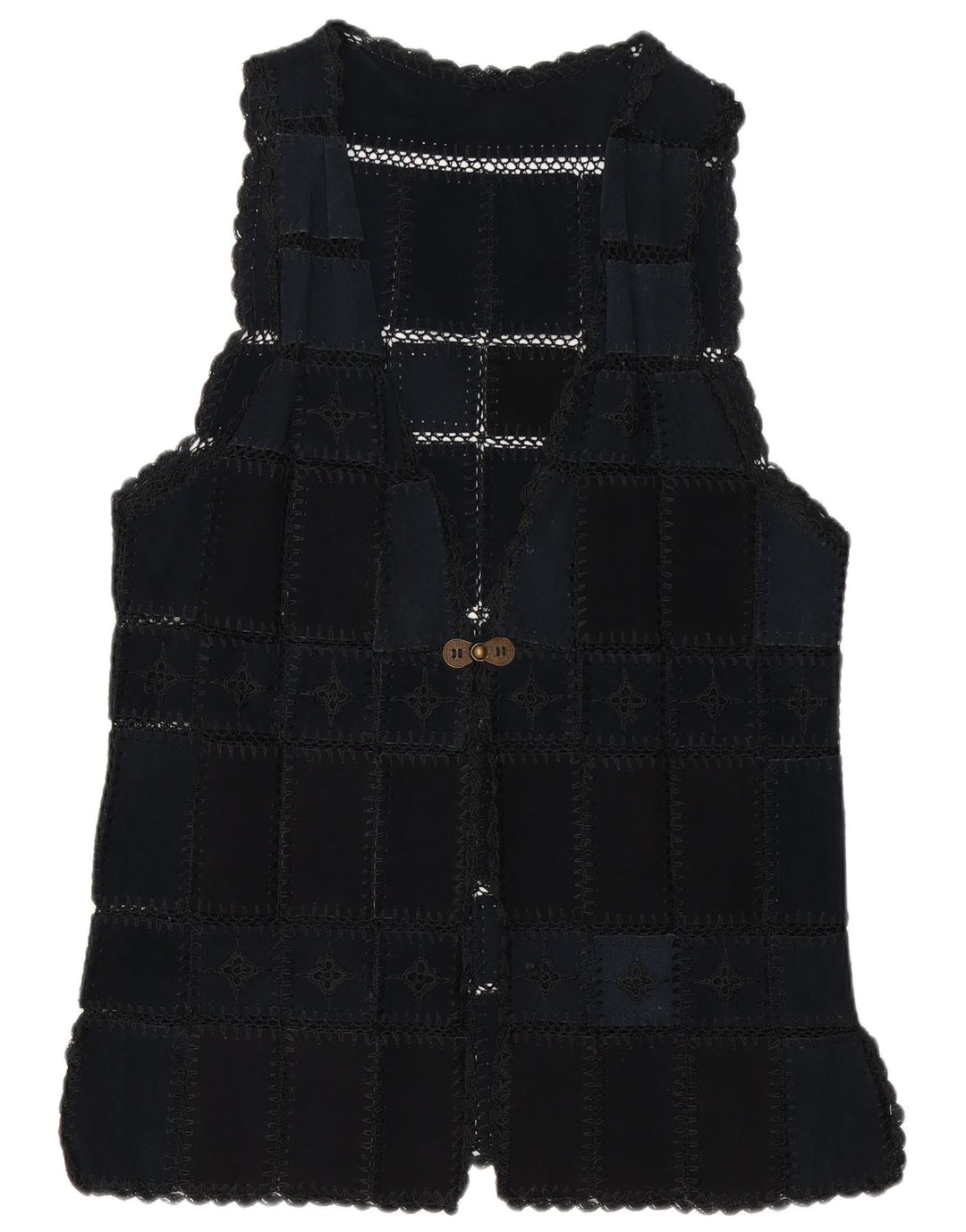 Gilet vintage in pelle scamosciata da donna UK 16 grande patchwork blu navy