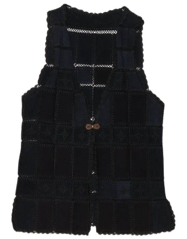 Gilet vintage in pelle scamosciata da donna UK 16 grande patchwork blu navy