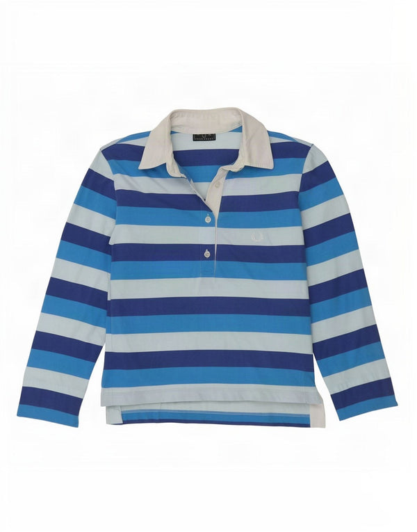 Fred Perry Polo de rugby à manches longues pour femme UK 12 Bleu moyen rayé
