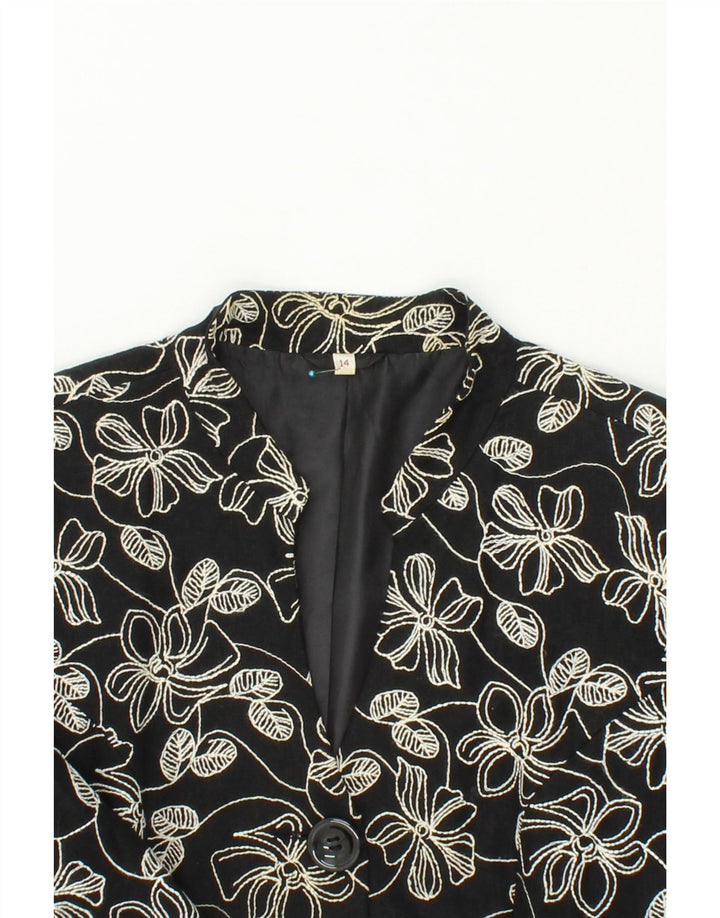 EWM Womens 3 Button 3/4 Sleeve Blazer Jacket UK 14 Medium  Black Floral Vintage EWM and Second-Hand EWM from Messina Hembry 
